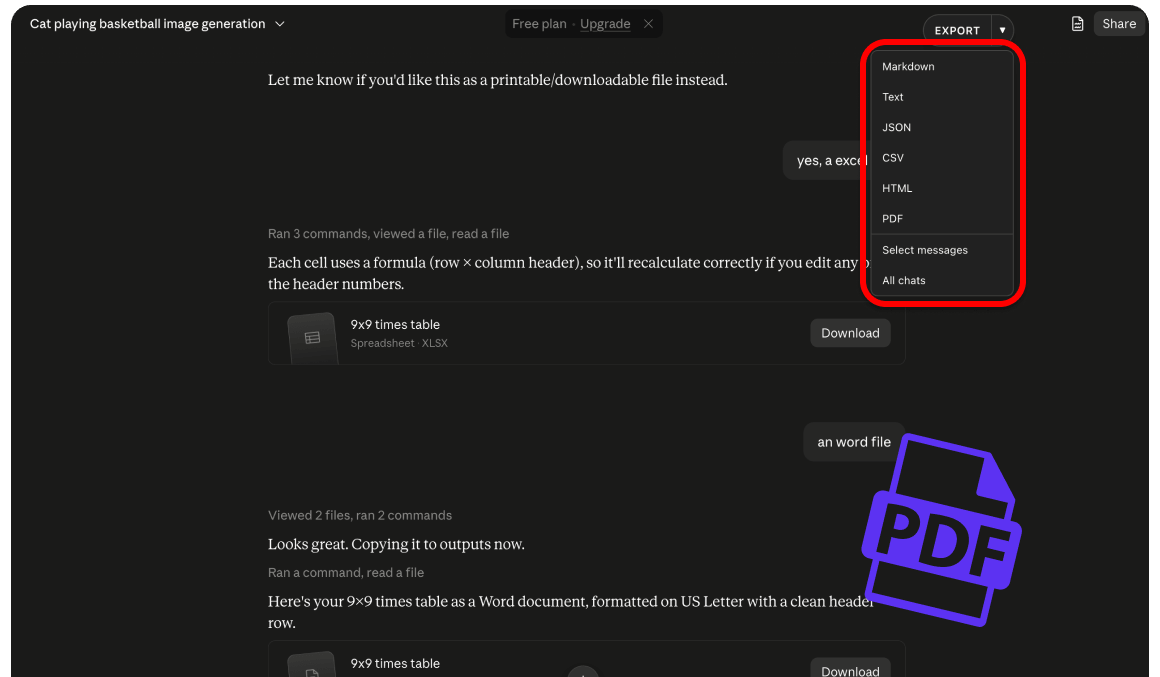 Claude Export EXPORT menu on claude.ai with Markdown, PDF, JSON, and more formats